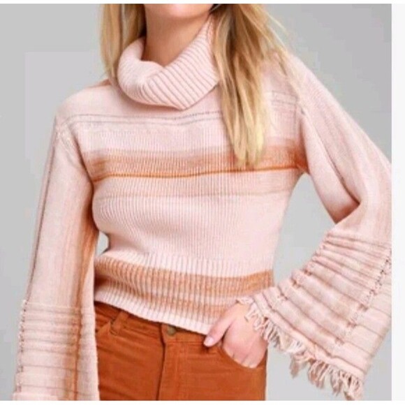 Free People Sweaters - Free People Close To Me Turtleneck Knit Sweater Pink Bell Sleeves Women’s Sz XS